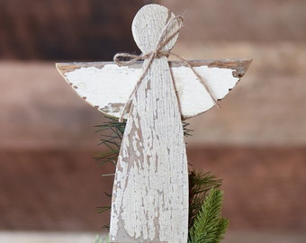 White Wooden Angel Christmas Tree Topper 9” Christmas Decoration Angel Tree Topper made from Chippy White Reclaimed Wood Angel Topper