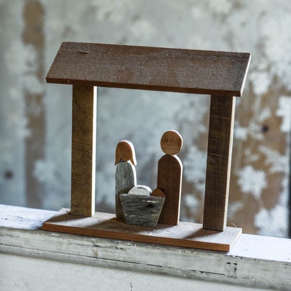 Wooden Nativity Scene shelf display made from reclaimed wood of Mary and Joseph with Jesus in the Manger
