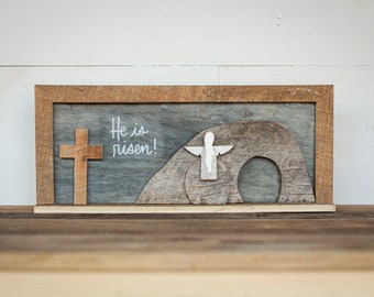 He is Risen shelf display made from barn wood & reclaimed roof slate, rustic Easter decor, empty tomb scene, stone rolled away, Matthew 28:6