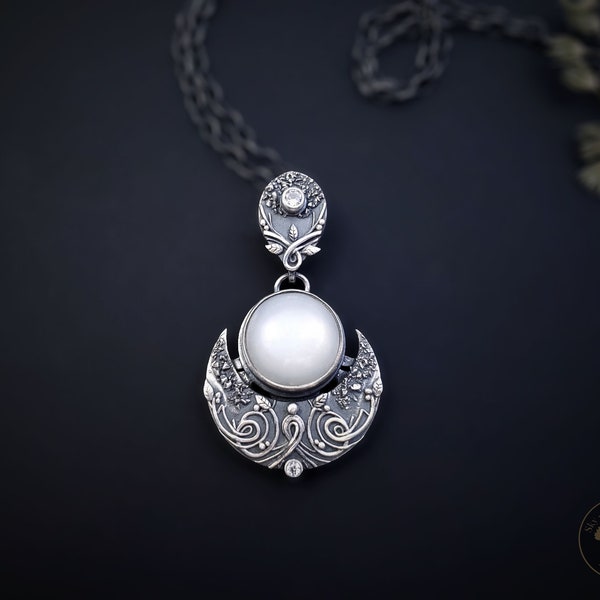 Sterling and Fine Silver Selena White Moon Pendant and Necklace with White Moonstone and Topaz - Moonlight