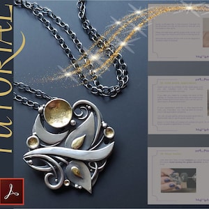 May include: A silver necklace with a large, intricate pendant featuring a gold leaf design. The pendant is made of multiple pieces of metal that have been soldered together. The necklace is on a dark gray background with a sparkling effect.