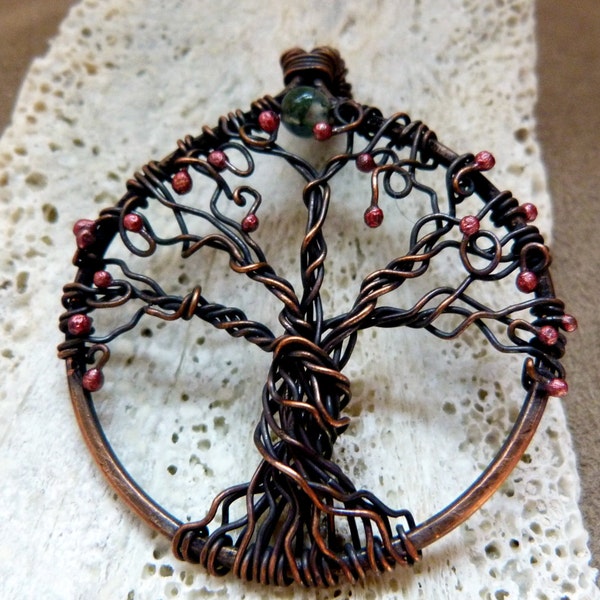 All As One - Celtic Tree of Life Wire Wrapped Pendant Necklace, with Natural Moss Agate