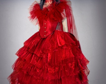halloween wedding dress made with a red underbust corset red plutemis tulle wide skirt and red wedding veil