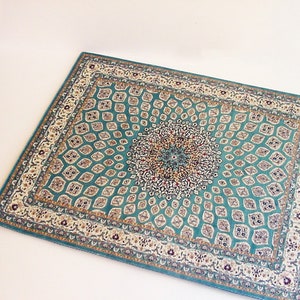 Dollhouse Miniature Rug * Colorful Peacock Teal  Blue Ecru and Taupe 1:12 Scale