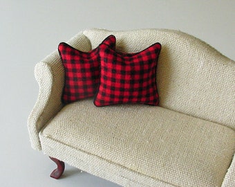Dollhouse Miniature Pillow (Pair) Red Black Buffalo Plaid 1:12 Scale