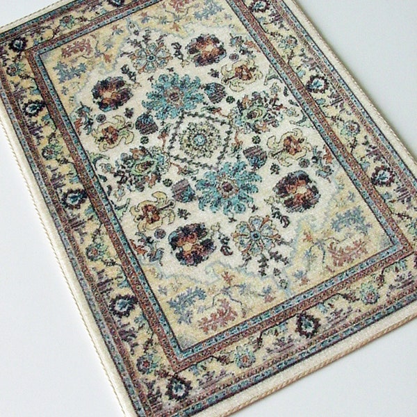 Dollhouse Rug Miniature Aubusson Carpet on VELVET Artisan Beige, Yellowish Beige, Blue, Brown