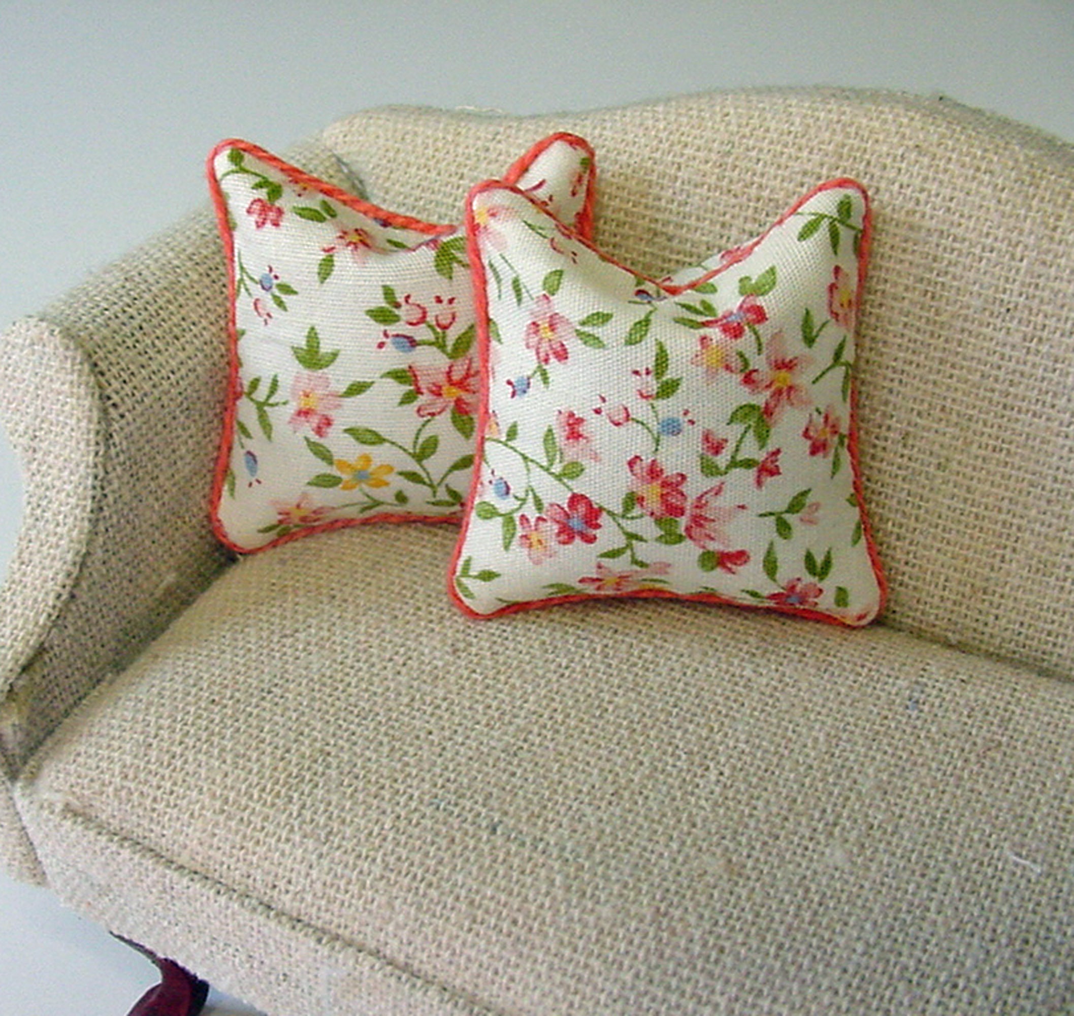 Dollhouse Miniature Pillow or Cushion 1:12 Coral Summer Wildflowers Print