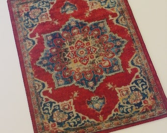 Dollhouse Miniature Rug 1:12 and 1/6 Scale Red Blue Tan Medallion Persian Style Velvet Rug