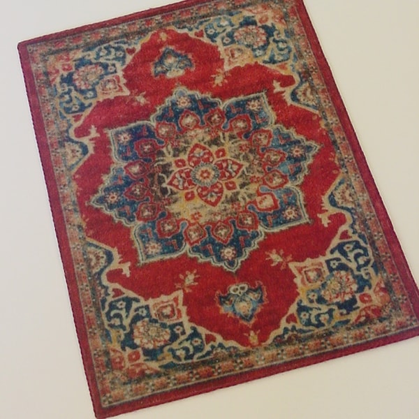 Dollhouse Miniature Rug 1:12 and 1/6 Scale Red Blue Tan Medallion Persian Style Velvet Rug