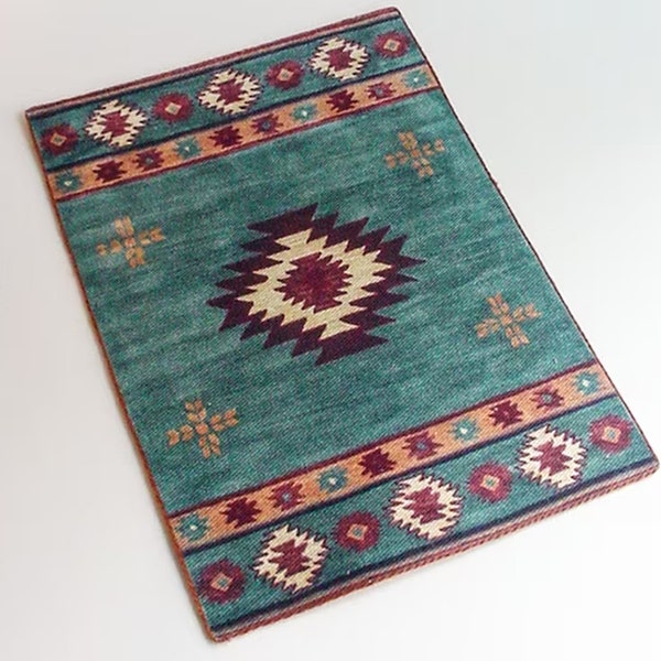 1:24 Dollhouse Rug Native American Blue-Green Medallion Half Scale Cabin Southwest Area Carpet 3 x 4"