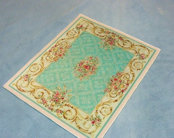 Dollhouse Miniature Rug Aqua 1:12 and 1/6 Scale Rococo French Aubusson Doll Carpet Plush Velvet