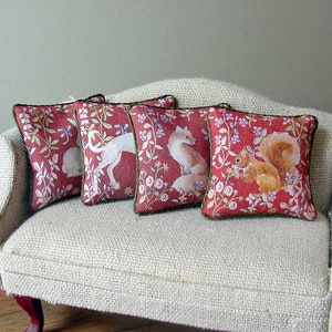 Dollhouse Miniature Pillow Dog Hare on Red Reproduction Antique French Needlework 1:12 Scale Cushion for Dolls