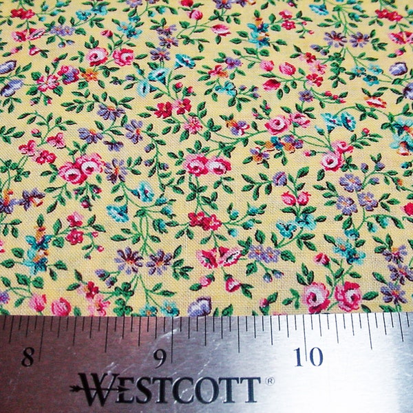 Dollhouse Miniature Fabric Sunny Yellow Roses Posies and Viney Leaves 100% Cotton 1:12 1/6 Small Scale