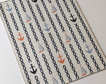 Dollhouse Miniature Rug  1:12 Scale Anchors Chains and Sailboats Coastal Nautical Area Rug Navy Gray Orange Artisan