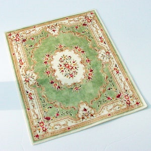 Dollhouse Velvet Rug light Green Chinese Aubusson Floral Faux Carved Carpet