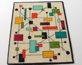 Alfombra en miniatura para casa de muñecas, estilo moderno de mediados de siglo, Eames MCM, con cuadrados geométricos, rectángulos, verde azulado, naranja, verde, amarillo y negro, escala 1:12 (1/6)