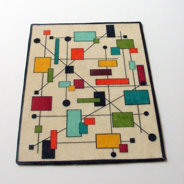 Dollhouse Miniature Rug Mid-Century Modern Eames MCM Geometric Squares Rectangles Teal Orange Green Yellow Black 1:12 1/6 Scale