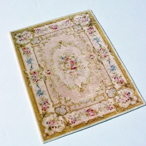 Dollhouse Rug * 1:12 Scale Aubusson Pink Gold Area Carpet PLUSH Velvet Roses