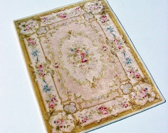 Alfombra para casa de muñecas * Escala 1:12 Alfombra de área Aubusson Rosa Oro PLUSH con rosas de terciopelo