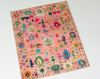 Dollhouse Miniature Rug Pink Turkish Style Brights Pink Blue Green Gold  1:12 1/6 Scale Artisan Velvet Carpet