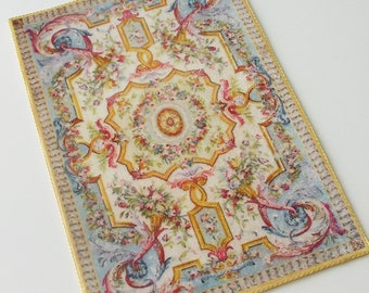 Miniature Dollhouse Velvet Rug Blue Gold 1:12 1/6 Scale Renaissance Aubusson Area Rug Carpet Artisan