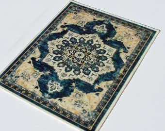Dollhouse Miniature Rug * Blue Medallion Oriental Style Velvet Rug