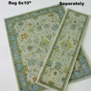 Dollhouse Rug miniature Carpet Parchment and Pale Blue Oushak Design on Velvet 1:12 Scale Artisan