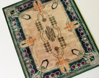 Dollhouse Miniature Rug 1:12 Scale Irish Art Nouveau Green Tan Area Carpet Artisan