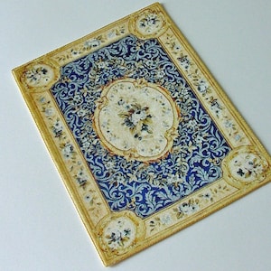 Dollhouse Aubusson Carpet Rug 1:12 Scale Velvet (fabric, not flocked paper)  Blue Gold Roses Artisan