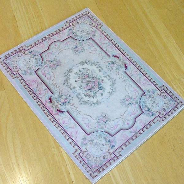 Dollhouse Miniature Rug 1:12 and 1/6 Scale Pinkish Lavender and Green Floral Aubusson Feminine Roses Artisan