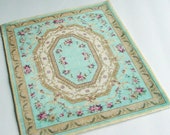 Dollhouse Miniature Rug Blue Plush Velvet Ribbons and Roses Romantic French Aubusson