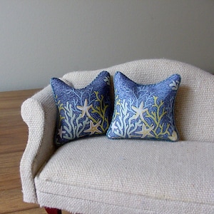 Dollhouse Miniature Pillow Coral and Starfish 1:12 Scale Blue Nautical Coastal Beach House Cushion