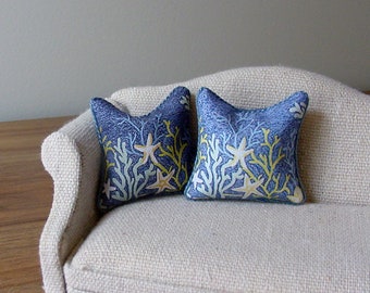 Dollhouse Miniature Pillow Coral and Starfish 1:12 Scale Blue Nautical Coastal Beach House Cushion