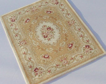 Dollhouse Rug 1:12 Scale Miniature Velvet Carpet Gold and Mauve Roses Artisan