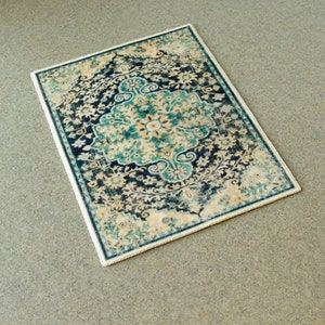 Miniature Dollhouse Rug * Velvet Aqua, Marine  Blue, Ecru Yellow Rug 1:12 Scale Artisan