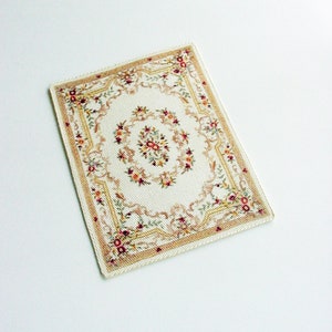 1:24 Half Scale Ivory and Tan Floral Aubusson Area Carpet 3 x 4"