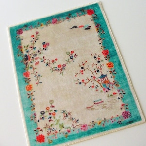 Miniature Dollhouse Velvet Rug 1:12 Scale Chinese Art Deco Aqua Orange Cream Area Rug Carpet Artisan