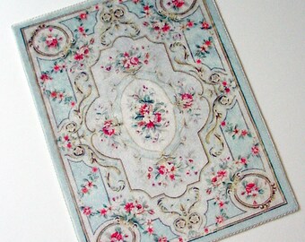 Dollhouse Miniature Rug 1:12 1/6 Scale Light Blue and Coral Velvet (Fabric) Aubusson Area Carpet Dolls House Artisan