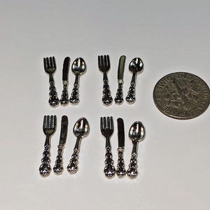 Dollhouse Miniature Flatware Silver Fork Knife Spoon 1:12 Scale Silvertone 12 pcs
