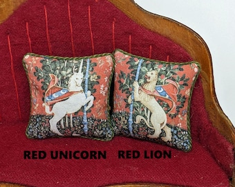 Dollhouse Miniature Pillow Tudor Medieval Reproduction Lady Lion Unicorn Tapestry 1:12 Scale Artisan