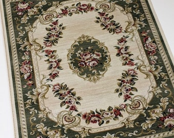 Alfombra Aubusson para casa de muñecas, escala 1:12, miniatura de terciopelo, color verde salvia, estampado floral, artesanal.