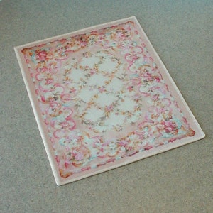 Miniature Dollhouse Rug * Shabby Pastel Pink and Green Trellis Velvet Carpet