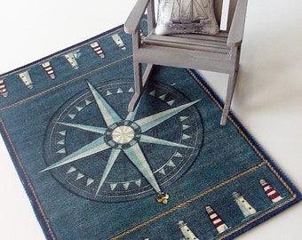 Miniature Dollhouse Rug 1:12 Scale Nautical Mariner's Compass Lighthouse Coastal Beach Decor Area Carpet