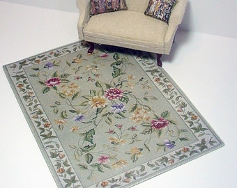 Dollhouse Rug Gray Green Modern Floral Cottage Area Miniature Carpet