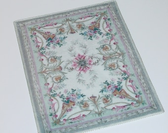 Dollhouse Rug 1:12 1/6 Scale Aubusson Miniature Carpet Rococo Louis XVI Gray-Green Scrolls Bouquets on Velvet