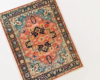 1:12 Scale Rug  Dollhouse Carpet Star Medallion Oriental Salmon Blue-Green Black Velvet Artisan