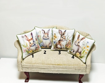 Dollhouse Miniature Pillow Cushion Easter Bunny Florals 1:12 Scale Artisan Collectible