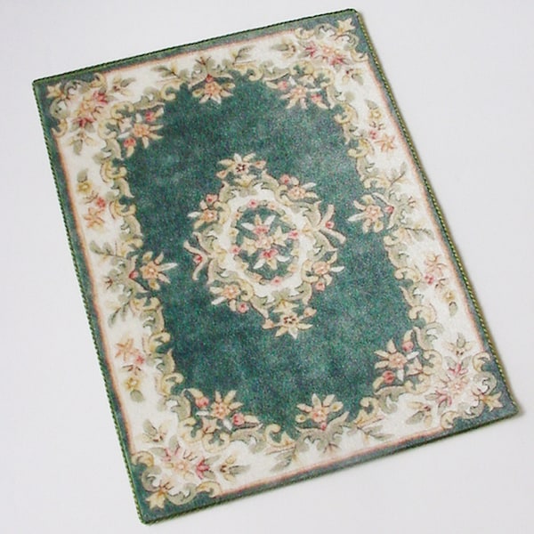 Dollhouse Miniature Rug 1:12 1/6 Scale Muted Gray-Green Floral "Carved" look Velvet Carpet