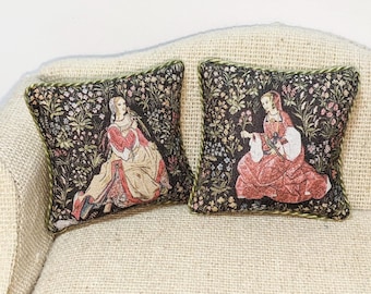 Dollhouse Miniature Pillow Noble Women Reproduction Medieval Style French Tapestry 1:12 Scale Artisan