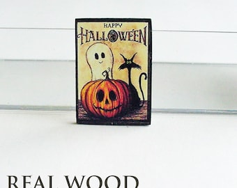 Dollhouse Miniature Halloween Sign - Happy Halloween Pumpkin, Cat, Ghost 1:12 Scale REAL WOOD!
